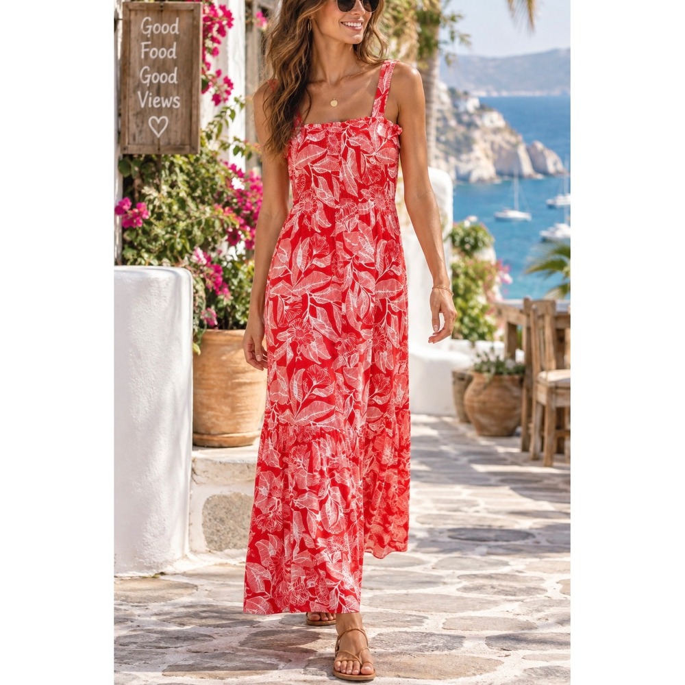 Serra Orange Floral Maxi Dress Size M Tropical Leaf Print Sleeveless Summer Boho